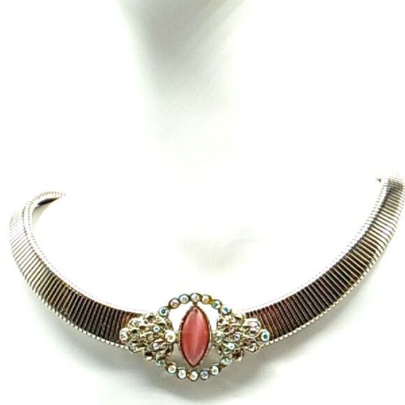 Silver-tone Flat Snake Chain with faux Gemstone & AB Rhinestones 16" Choker - Picture 1 of 13